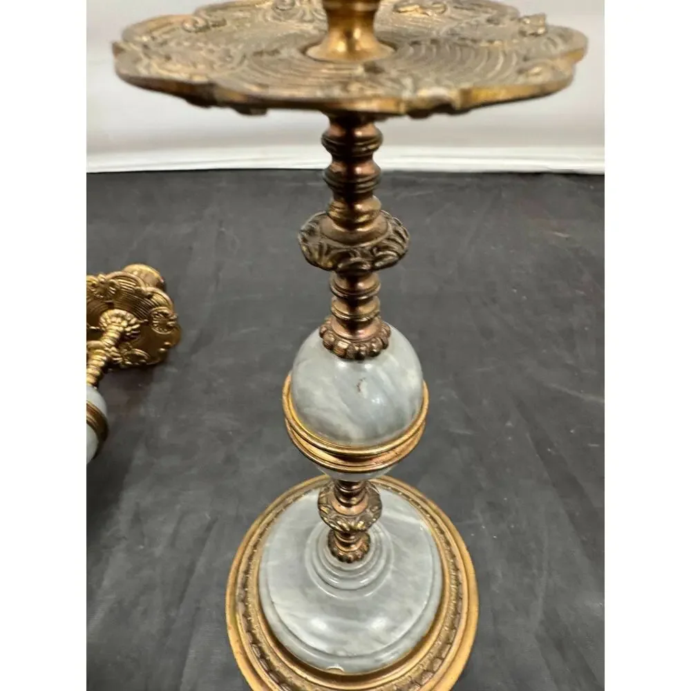 Antique Pair of 19th Century French Napoleon III Grey Marble Bronze Candlesticks